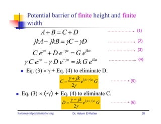 Potential barrier of finite height and finite
      width
             A+ B = C + D                                      (1)


           jkA − jkB = γC − γD                                 (2)

                γa           −γa                               (3)
       C e +De =Ge                           ika

    γ C eγa − γ D e −γa = ik G eika                            (4)


     Eq. (3) × γ + Eq. (4) to eliminate D.
                               γ + jk ( jk −γ )a
                            C=       e           G       (5)
                                 2γ
  Eq. (3) × (-γ) + Eq. (4) to eliminate C.
                                γ − jk ( jk +γ )a
                             D=       e           G      (6)
                                  2γ
hatem@oilpeakinarabic.org          Dr. Hatem El-Refaei           30
 