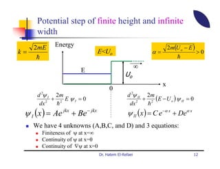 Potential step of finite height and infinite
      width
     2mE     Energy                                                   2m(U o − E )
k=                               E<Uo                        α=                      >0
      h                                                                   h
                                                        ∞
                        E
                                                Uo
                                                                  x
                                       0
      d 2ψ I 2m                                   d 2ψ II 2m
          2
            + 2 EψI =0                                2
                                                         + 2 (E − U o ) ψ II = 0
       dx    h                                     dx     h
 ψ I ( x ) = Ae jkx + Be − jkx                   ψ II ( x ) = C e −α x + Deα x
     We have 4 unknowns (A,B,C, and D) and 3 equations:
        Finiteness of ψ at x=∞
        Continuity of ψ at x=0
        Continuity of ∇ψ at x=0
                                  Dr. Hatem El-Refaei                              12
 