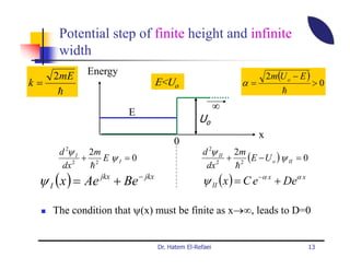 Potential step of finite height and infinite
      width
     2mE     Energy                                                  2m(U o − E )
k=                               E<Uo                       α=                      >0
      h                                                                  h
                                                       ∞
                       E
                                               Uo
                                                                 x
                                      0
      d 2ψ I 2m                                  d 2ψ II 2m
          2
            + 2 EψI =0                               2
                                                        + 2 (E − U o ) ψ II = 0
       dx    h                                    dx     h
 ψ I ( x ) = Ae jkx + Be − jkx                  ψ II ( x ) = C e −α x + Deα x

     The condition that ψ(x) must be finite as x→∞, leads to D=0


                                 Dr. Hatem El-Refaei                              13
 