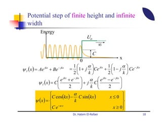 Potential step of finite height and infinite
   width
            Energy
                                           Uo
                                                       ∞
                                                C
                                                                x
                                      0
                                    1        α  jkx 1             α  − jkx
ψ I (x ) = Ae + Be
              jkx      − jkx
                                 = 1 + j Ce + 1 − j  Ce
                                    2         k        2          k
                         e jkx + e − jkx     α  e jkx − e − jkx 
           ψ I (x ) = C 
                                          + j C
                                                                 
                                                                   
                               2              k       2         
                             α                                  
                 C cos(kx ) − C sin (kx )                 x≤0 
        ψ (x ) =             k                                  
                 C e −α x                                  x ≥ 0
                                                                
                                 Dr. Hatem El-Refaei                             18
 