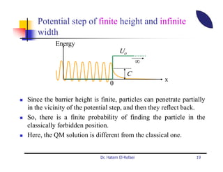 Potential step of finite height and infinite
    width
          Energy
                                      Uo
                                                  ∞
                                           C
                                                      x
                                 0

Since the barrier height is finite, particles can penetrate partially
in the vicinity of the potential step, and then they reflect back.
So, there is a finite probability of finding the particle in the
classically forbidden position.
Here, the QM solution is different from the classical one.


                            Dr. Hatem El-Refaei                  19
 