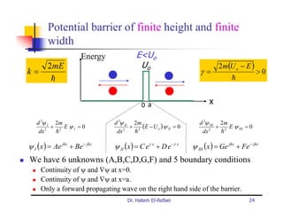 Potential barrier of finite height and finite
        width
                        Energy            E<Uo
        2mE                                Uo                                2m(U o − E )
k=                                                                   γ=                         >0
         h                                                                         h


                                             0 a                         x

   d 2ψ I 2m                     d 2ψ II 2m                          d 2ψ III 2m
         + 2 EψI = 0                    + 2 (E − U o ) ψ II = 0              + 2 E ψ III = 0
    dx 2  h                       dx 2   h                            dx 2    h

ψ I ( x ) = Ae jkx + Be − jkx    ψ II (x ) = C eγ x + D e −γ x    ψ III (x ) = Ge jkx + Fe − jkx
We have 6 unknowns (A,B,C,D,G,F) and 5 boundary conditions
     Continuity of ψ and ∇ψ at x=0.
     Continuity of ψ and ∇ψ at x=a.
     Only a forward propagating wave on the right hand side of the barrier.
                                      Dr. Hatem El-Refaei                                  24
 