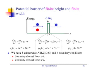 Potential barrier of finite height and finite
        width
                        Energy            E<Uo
                                           Uo



                                             0 a                      x

   d 2ψ I 2m                     d 2ψ II 2m                       d 2ψ III 2m
         + 2 EψI = 0                    + 2 (E − U o ) ψ II = 0           + 2 E ψ III = 0
    dx 2  h                       dx 2   h                         dx 2    h

ψ I ( x ) = Ae jkx + Be − jkx    ψ II (x ) = C eγ x + D e −γ x     ψ III ( x ) = Ge jkx
  We have 5 unknowns (A,B,C,D,G) and 4 boundary conditions
       Continuity of ψ and ∇ψ at x=0.
       Continuity of ψ and ∇ψ at x=a.

                                      Dr. Hatem El-Refaei                                 26
 