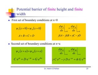 Potential barrier of finite height and finite
    width
First set of boundary conditions at x=0

                                                          dψ I            dψ II
   ψ I (x = 0) = ψ II (x = 0)                                           =
                                                           dx    x =0      dx      x =0

      A+ B = C + D                                    jkA − jkB = γC − γD

Second set of boundary conditions at x=a
                                                      dψ II               dψ III
   ψ II (x = a ) = ψ III (x = a )                                       =
                                                       dx        x =a      dx      x =a


  C eγa + D e −γa = G eika                    γ C eγa − γ D e −γa = ik G eika

                                    Dr. Hatem El-Refaei                                   29
 