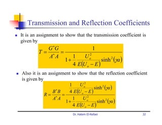Transmission and Reflection Coefficients
It is an assignment to show that the transmission coefficient is
given by
           G ∗G                           1
         T= ∗ =                       2
           AA            1     U
                      1+              o
                                        sinh 2 (γa )
                         4 E (U o − E )
Also it is an assignment to show that the reflection coefficient
is given by
                       1     U o2
                                      sinh 2 (γa )
                B∗ B   4 E (U o − E )
            R= ∗ =
                AA       1     U o2
                      1+                sinh 2 (γa )
                         4 E (U o − E )
                          Dr. Hatem El-Refaei                 32
 
