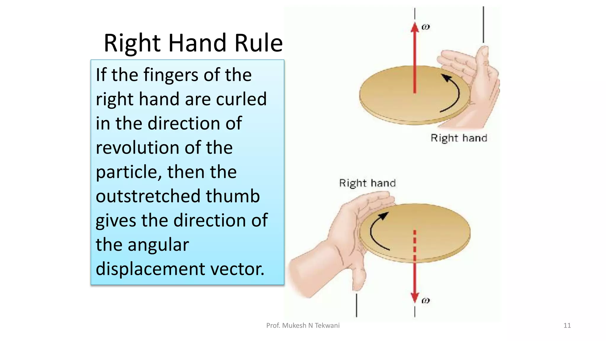 Right Hand Rule
Prof. Mukesh N Tekwani 11
If the fingers of the
right hand are curled
in the direction of
revolution of the
particle, then the
outstretched thumb
gives the direction of
the angular
displacement vector.
 