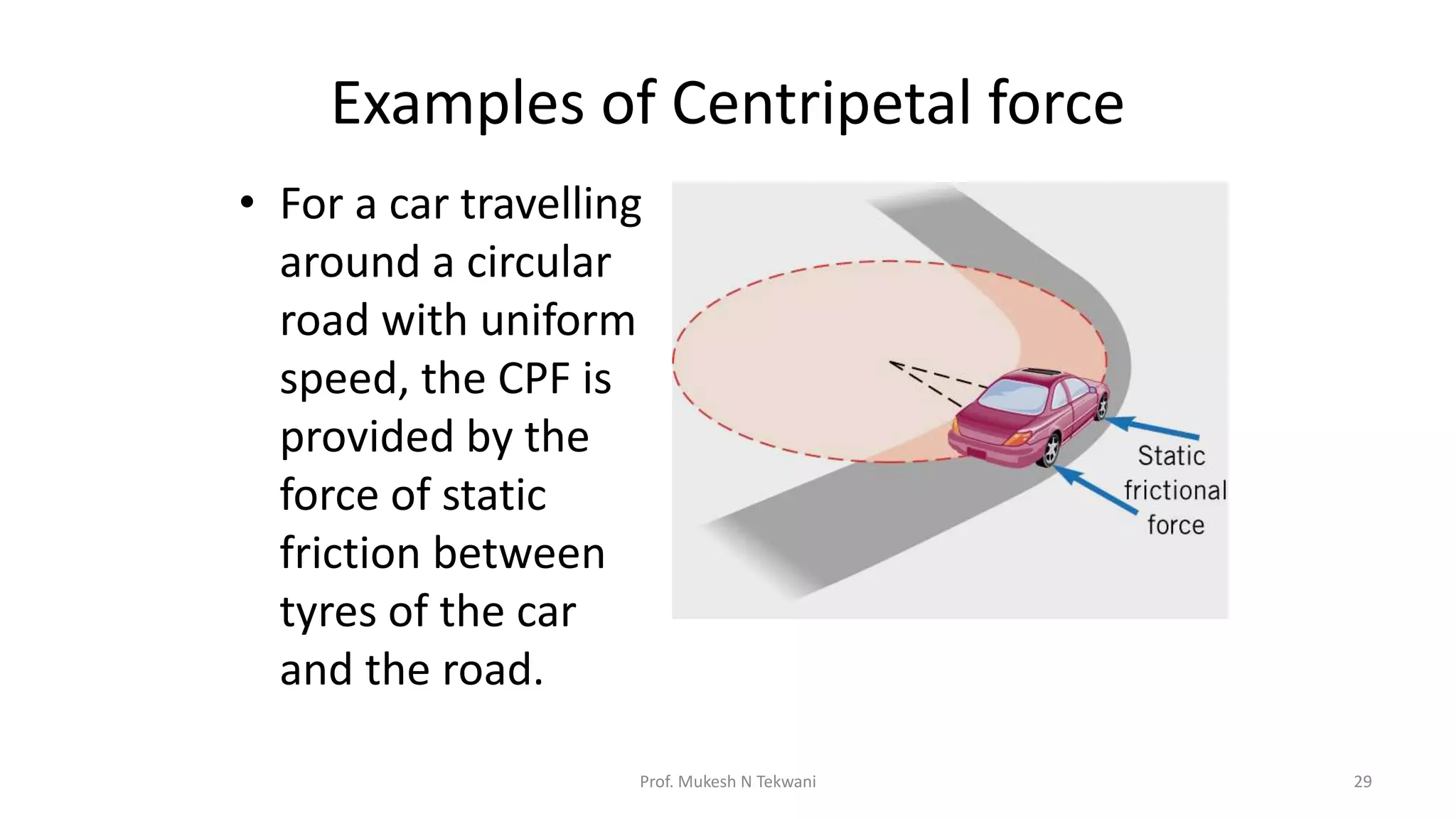 Examples of Centripetal force
• For a car travelling
around a circular
road with uniform
speed, the CPF is
provided by the
force of static
friction between
tyres of the car
and the road.
29
Prof. Mukesh N Tekwani
 