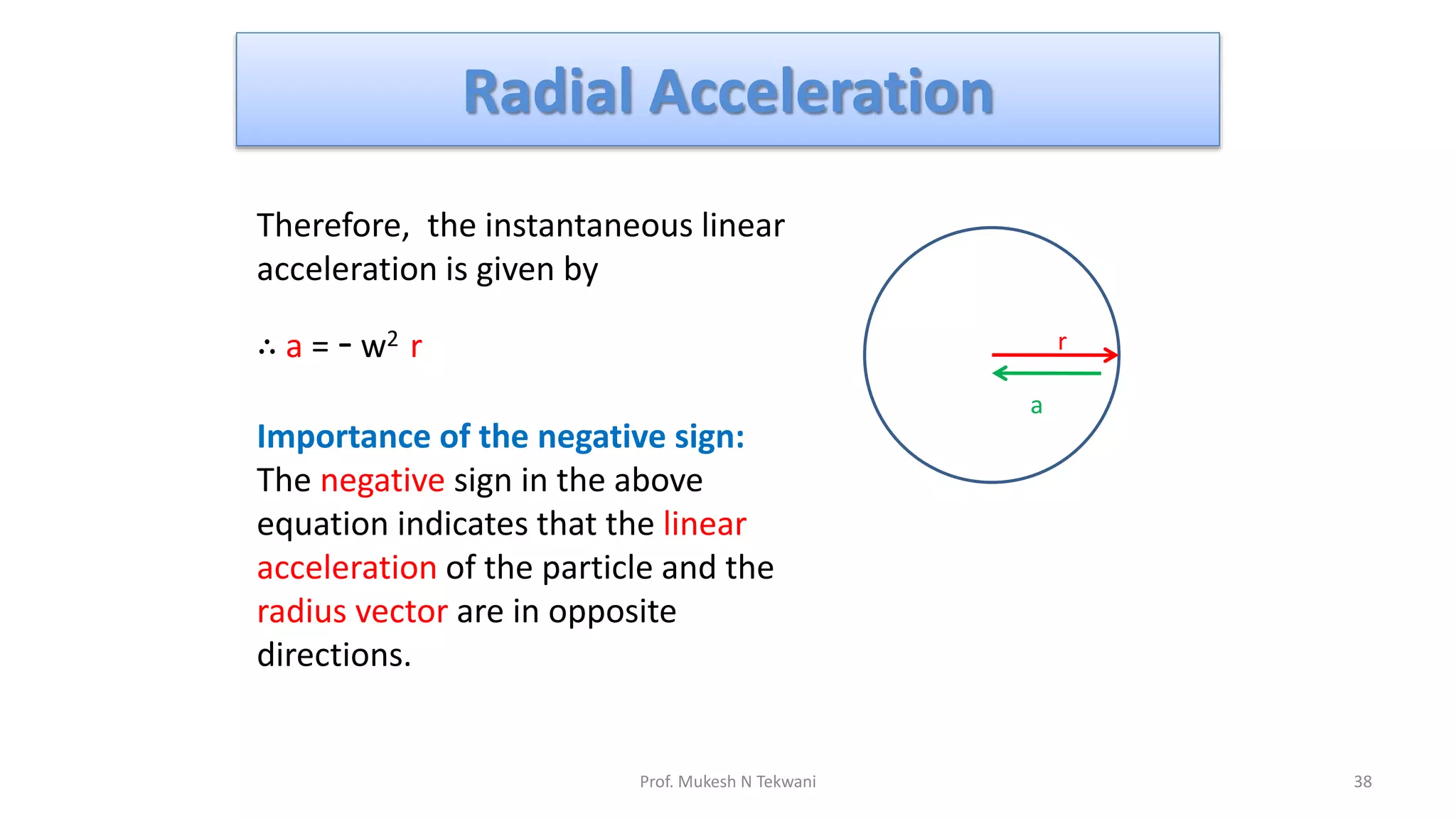 Radial Acceleration
38
Prof. Mukesh N Tekwani
Therefore, the instantaneous linear
acceleration is given by
∴ a = - w2 r
Importance of the negative sign:
The negative sign in the above
equation indicates that the linear
acceleration of the particle and the
radius vector are in opposite
directions.
a
r
 