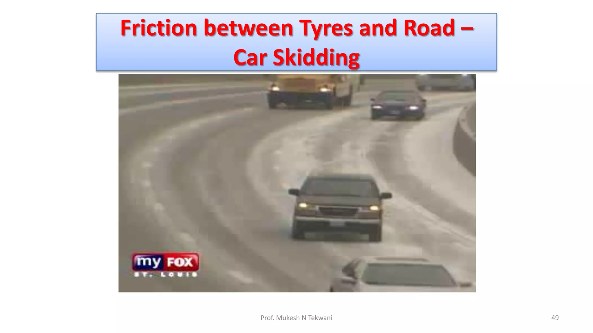 Friction between Tyres and Road –
Car Skidding
49
Prof. Mukesh N Tekwani
 