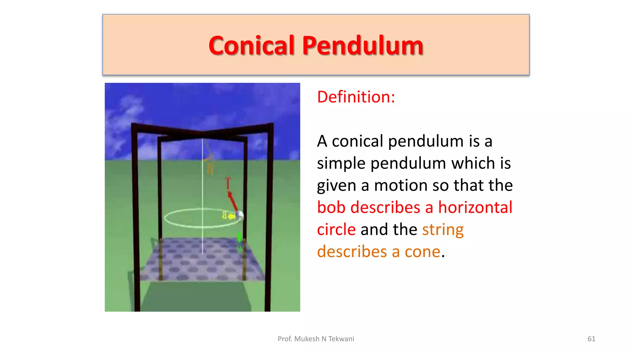 Conical Pendulum
61
Prof. Mukesh N Tekwani
Definition:
A conical pendulum is a
simple pendulum which is
given a motion so that the
bob describes a horizontal
circle and the string
describes a cone.
 