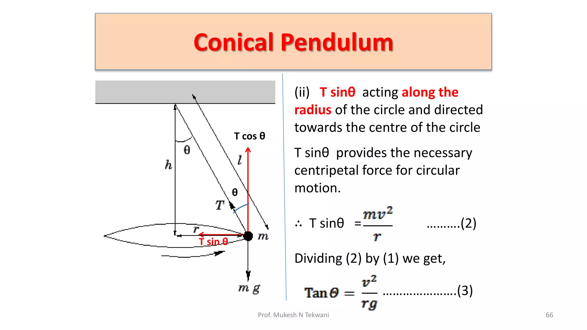 Conical Pendulum
66
Prof. Mukesh N Tekwani
(ii) T sinθ acting along the
radius of the circle and directed
towards the centre of the circle
T sinθ provides the necessary
centripetal force for circular
motion.
∴ T sinθ = ……….(2)
Dividing (2) by (1) we get,
………………….(3)
T cos θ
T sin θ
θ
 