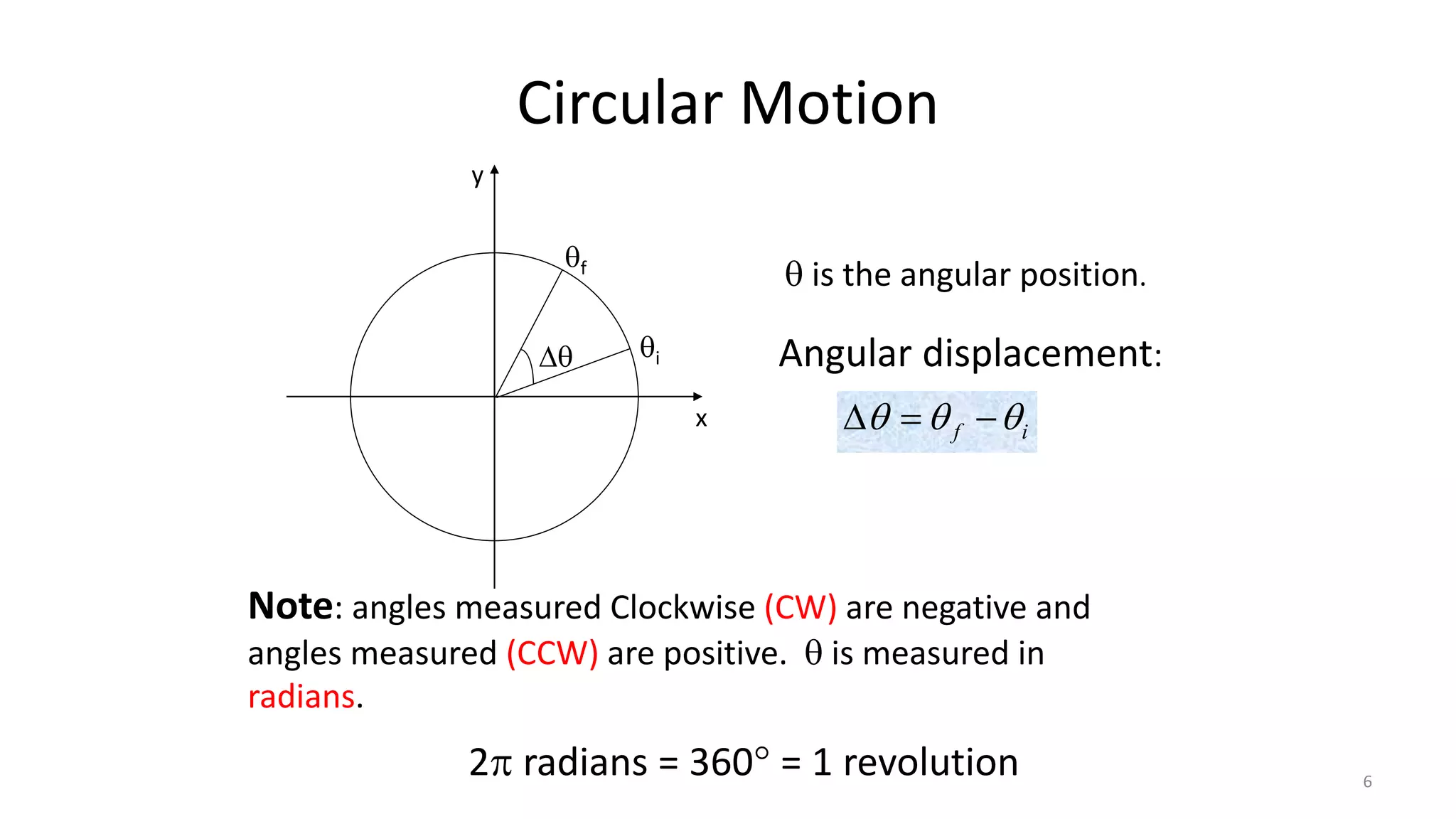6
Circular Motion
 is the angular position.
Angular displacement:
i
f 

 


Note: angles measured Clockwise (CW) are negative and
angles measured (CCW) are positive.  is measured in
radians.
2 radians = 360 = 1 revolution
x
y
i
f

 