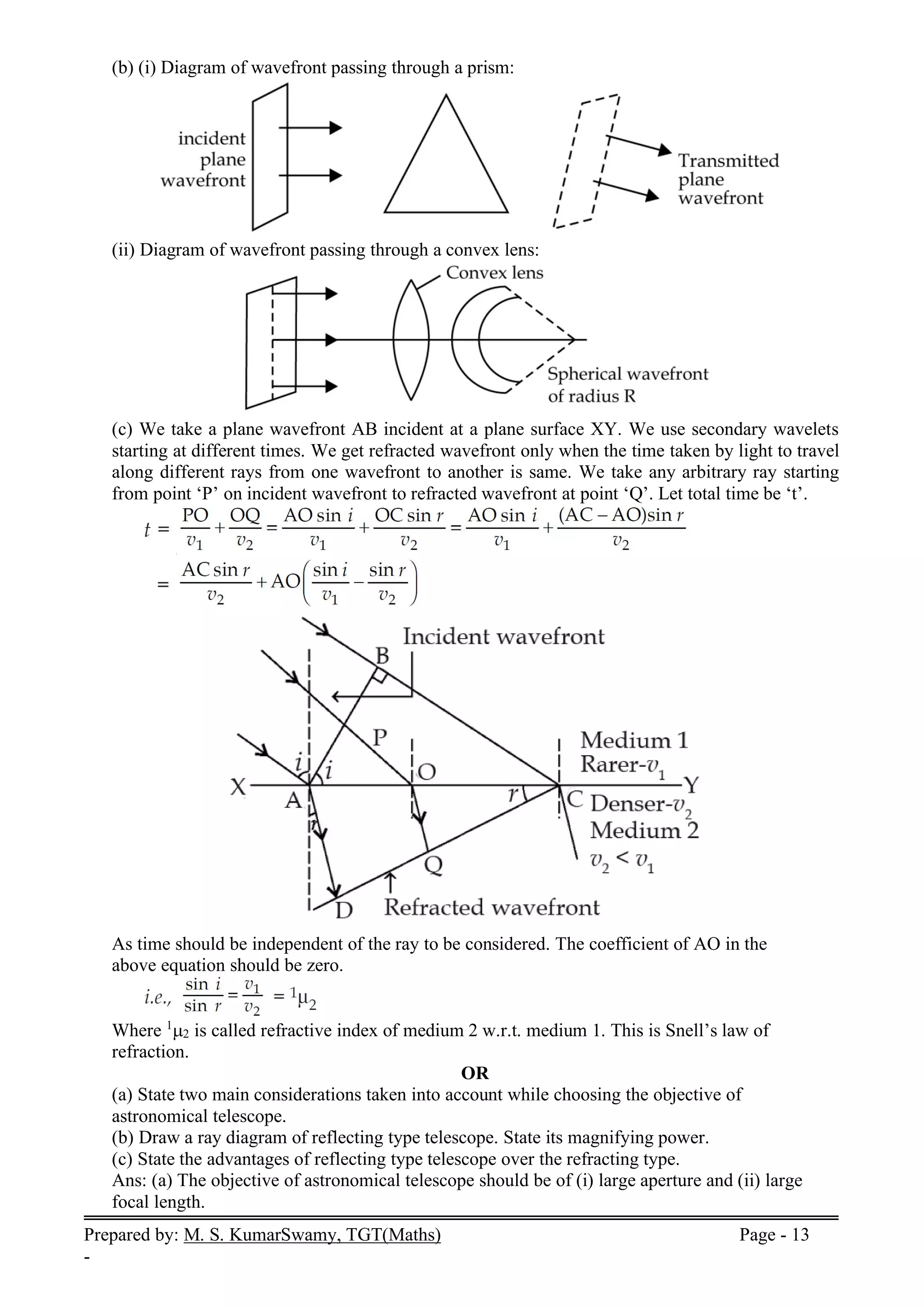 Prepared by: M. S. KumarSwamy, TGT(Maths) Page - 13
-
(b) (i) Diagram of wavefront passing through a prism:
(ii) Diagram of wavefront passing through a convex lens:
(c) We take a plane wavefront AB incident at a plane surface XY. We use secondary wavelets
starting at different times. We get refracted wavefront only when the time taken by light to travel
along different rays from one wavefront to another is same. We take any arbitrary ray starting
from point ‘P’ on incident wavefront to refracted wavefront at point ‘Q’. Let total time be ‘t’.
As time should be independent of the ray to be considered. The coefficient of AO in the
above equation should be zero.
Where 1
2 is called refractive index of medium 2 w.r.t. medium 1. This is Snell’s law of
refraction.
OR
(a) State two main considerations taken into account while choosing the objective of
astronomical telescope.
(b) Draw a ray diagram of reflecting type telescope. State its magnifying power.
(c) State the advantages of reflecting type telescope over the refracting type.
Ans: (a) The objective of astronomical telescope should be of (i) large aperture and (ii) large
focal length.
 