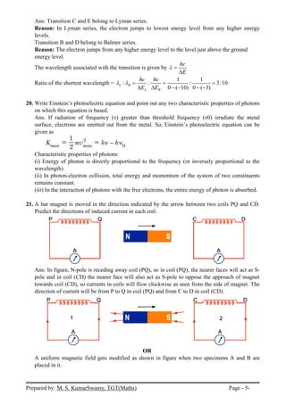 Prepared by: M. S. KumarSwamy, TGT(Maths) Page - 5-
Ans: Transition C and E belong to Lyman series.
Reason: In Lyman series, the electron jumps to lowest energy level from any higher energy
levels.
Transition B and D belong to Balmer series.
Reason: The electron jumps from any higher energy level to the level just above the ground
energy level.
The wavelength associated with the transition is given by
hc
E
 

Ratio of the shortest wavelength =
1 1
: : : 3:10
0 ( 10) 0 ( 3)
L B
L B
hc hc
E E
    
     
20. Write Einstein’s photoelectric equation and point out any two characteristic properties of photons
on which this equation is based.
Ans. If radiation of frequency (ν) greater than threshold frequency (ν0) irradiate the metal
surface, electrons are emitted out from the metal. So, Einstein’s photoelectric equation can be
given as
Characteristic properties of photons:
(i) Energy of photon is directly proportional to the frequency (or inversely proportional to the
wavelength).
(ii) In photon-electron collision, total energy and momentum of the system of two constituents
remains constant.
(iii) In the interaction of photons with the free electrons, the entire energy of photon is absorbed.
21. A bar magnet is moved in the direction indicated by the arrow between two coils PQ and CD.
Predict the directions of induced current in each coil.
Ans: In figure, N-pole is receding away coil (PQ), so in coil (PQ), the nearer faces will act as S-
pole and in coil (CD) the nearer face will also act as S-pole to oppose the approach of magnet
towards coil (CD), so currents in coils will flow clockwise as seen from the side of magnet. The
direction of current will be from P to Q in coil (PQ) and from C to D in coil (CD).
OR
A uniform magnetic field gets modified as shown in figure when two specimens A and B are
placed in it.
 