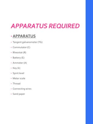 APPARATUS REQUIRED
• APPARATUS
• Tangent galvanometer (TG)
• Commutator (C)
• Rheostat (R)
• Battery (E)
• Ammeter (A)
• Key (k)
• Spirit level
• Meter scale
• Thread
• Connecting wires
• Sand paper
 