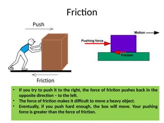 Friction
• If you try to push it to the right, the force of friction pushes back in the
opposite direction – to the left.
• The force of friction makes it difficult to move a heavy object.
• Eventually, if you push hard enough, the box will move. Your pushing
force is greater than the force of friction.
 