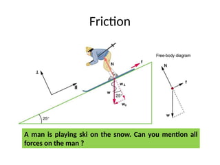 Friction
A man is playing ski on the snow. Can you mention all
forces on the man ?
 