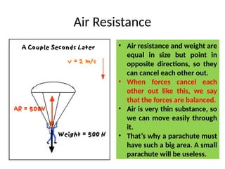 Air Resistance
• Air resistance and weight are
equal in size but point in
opposite directions, so they
can cancel each other out.
• When forces cancel each
other out like this, we say
that the forces are balanced.
• Air is very thin substance, so
we can move easily through
it.
• That’s why a parachute must
have such a big area. A small
parachute will be useless.
 