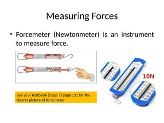 Measuring Forces
• Forcemeter (Newtonmeter) is an instrument
to measure force.
See your textbook (stage 7) page 131 for the
clearer picture of forcemeter
 