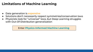Limitations of Machine Learning
● Data generation is expensive
● Solutions don’t necessarily respect symmetries/conservation laws
● Physicists look for “universal” laws, but Deep Learning struggles
with Out-Of-Distribution generalization
Enter Physics-Informed Machine Learning
 
