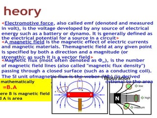 Magnetic flux is prop
e>
units: volt-seconds)
of the closed surfac
heory
<Electromotive force, also called emf (denoted an...