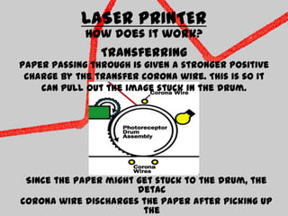 LASER PRINTERHow does it work?TransferringPaper passing through is given a stronger positive charge by the transfer corona wire. This is so it can pull out the image stuck in the drum.Since the paper might get stuck to the drum, the detaccorona wire discharges the paper after picking up the toner.
