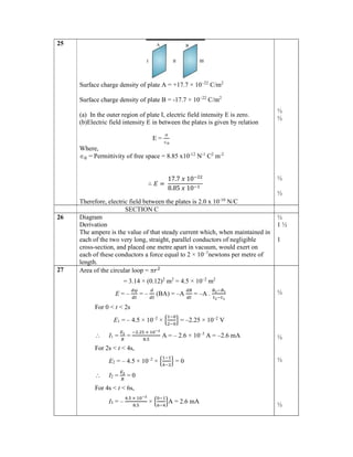 25
Surface charge density of plate A = +17.7 × 10–22
C/m2
Surface charge density of plate B = -17.7 × 10–22
C/m2
(a) In the outer region of plate I, electric field intensity E is zero.
(b)Electric field intensity E in between the plates is given by relation
E =

Where,
 = Permittivity of free space = 8.85 x10-12
N-1
C2
m-2
∴ 𝐸 =
17.7 𝑥 10
8.85 𝑥 10
Therefore, electric field between the plates is 2.0 x 10-10
N/C
½
½
½
½
SECTION C
26 Diagram
Derivation
The ampere is the value of that steady current which, when maintained in
each of the two very long, straight, parallel conductors of negligible
cross-section, and placed one metre apart in vacuum, would exert on
each of these conductors a force equal to 2 × 10–7
newtons per metre of
length.
½
1 ½
1
27 Area of the circular loop = 𝑟
= 3.14 × (0.12)2
m2
= 4.5 × 10–2
m2
E = – = – (BA) = –A = –A .
For 0 < t < 2s
E1 = – 4.5 × 10–2
× = –2.25 × 10–2
V
 I1 = =
. ×
.
A = – 2.6 × 10–3
A = –2.6 mA
For 2s < t < 4s,
E2 = – 4.5 × 10–2
× = 0
 I2 = = 0
For 4s < t < 6s,
I3 = –
. ×
.
× A = 2.6 mA
½
½
½
½
 