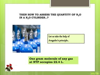 THEN HOW TO ASSESS THE QUANTITY OF N2O
IN A N2O CYLINDER..?
Let us take the help of
Avagadro’s principle..
One gram molecule of any gas
at NTP occupies 22.4 L.
10/78
 