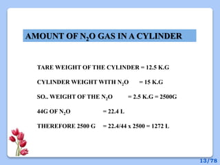 AMOUNT OF N2O GAS IN A CYLINDER
TARE WEIGHT OF THE CYLINDER = 12.5 K.G
CYLINDER WEIGHT WITH N2O = 15 K.G
SO.. WEIGHT OF THE N2O = 2.5 K.G = 2500G
44G OF N2O = 22.4 L
THEREFORE 2500 G = 22.4/44 x 2500 = 1272 L
13/78
 