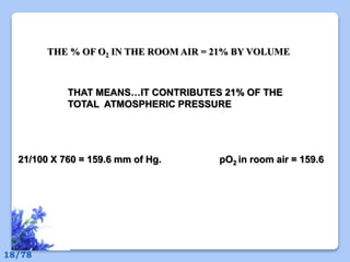 THE % OF O2 IN THE ROOM AIR = 21% BY VOLUME
THAT MEANS…IT CONTRIBUTES 21% OF THE
TOTAL ATMOSPHERIC PRESSURE
21/100 X 760 = 159.6 mm of Hg. pO2 in room air = 159.6
18/78
 