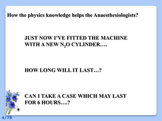JUST NOW I’VE FITTED THE MACHINE
WITH A NEW N2O CYLINDER….
HOW LONG WILL IT LAST…?
CAN I TAKE A CASE WHICH MAY LAST
FOR 6 HOURS….?
How the physics knowledge helps the Anaesthesiologists?
4/78
 