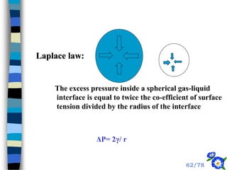 Laplace law:
The excess pressure inside a spherical gas-liquid
interface is equal to twice the co-efficient of surface
tension divided by the radius of the interface
ΔP= 2γ/ r
62/78
 