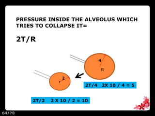 PRESSURE INSIDE THE ALVEOLUS WHICH
TRIES TO COLLAPSE IT=
2T/R
r
R
2T/2 2 X 10 / 2 = 10
2T/4 2X 10 / 4 = 5
4
2
64/78
 