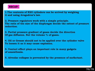RECAP:
1.The contents of N2O cylinders can be arrived by weighing
it and using Avagadros’s law.
2. Pressure regulators work with a simple principle.
The ratio of the size of the diaphragm decide the extent of pressure
reduction.
3. Partial pressure gradient of gases decide the direction
Of gas diffusion. Not the volume % of gases.
4. Oil or Grease should not to be applied over the cylinder valve
To loosen it as it may cause explosion.
5. Venturi effect plays an important role in many gadgets
of anaesthesia.
5. Alveolar collapse is prevented by the presence of surfactant.
70/78
 