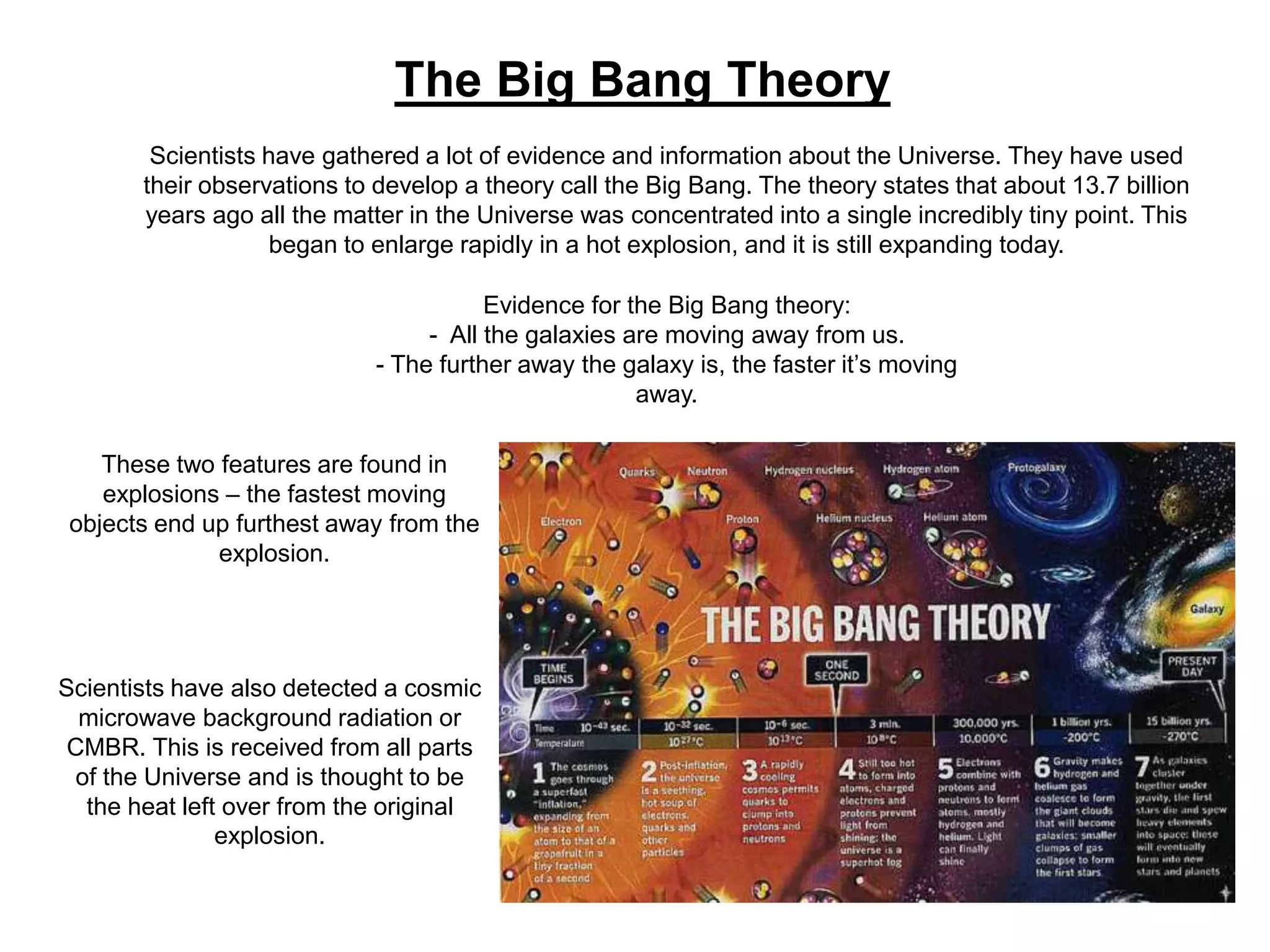 The Big Bang Theory
Scientists have gathered a lot of evidence and information about the Universe. They have used
their observations to develop a theory call the Big Bang. The theory states that about 13.7 billion
years ago all the matter in the Universe was concentrated into a single incredibly tiny point. This
began to enlarge rapidly in a hot explosion, and it is still expanding today.
Evidence for the Big Bang theory:
- All the galaxies are moving away from us.
- The further away the galaxy is, the faster it’s moving
away.
Scientists have also detected a cosmic
microwave background radiation or
CMBR. This is received from all parts
of the Universe and is thought to be
the heat left over from the original
explosion.
These two features are found in
explosions – the fastest moving
objects end up furthest away from the
explosion.
 
