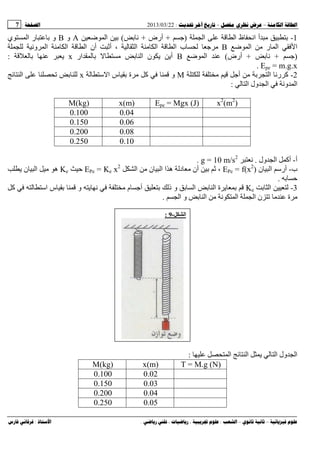 --:22/03/2013:7
––:، ،.:
1-‫ا‬ ‫ا‬ ‫ظ‬ ‫ا‬ ‫أ‬)+‫أرض‬+(‫ﺽ‬ ‫ا‬A‫و‬B‫ي‬ ‫ا‬ ‫ر‬ ‫و‬
‫ﺽ‬ ‫ا‬ ‫ر‬ ‫ا‬ ‫ا‬B‫ا‬ ‫ب‬‫و‬ ‫ا‬ ‫ا‬ ‫ا‬ ‫أن‬ ‫أ‬ ، ‫ا‬ ‫ا‬
)++‫أرض‬(‫ﺽ‬ ‫ا‬B‫ار‬ ‫ا‬ ‫ن‬ ‫أ‬x:
Epe = m.g.x.
2-‫أ‬ ‫ا‬ ‫ر‬ ‫آ‬M‫و‬‫ﺱ‬ ‫ا‬ ‫س‬ ‫ة‬ ‫آ‬x‫ا‬
‫ا‬ ‫ول‬ ‫ا‬ ‫و‬ ‫ا‬:
x2
(m2
)Epe = Mgx (J)x(m)M(kg)
0.040.100
0.060.150
0.080.200
0.100.250
‫أ‬-‫ول‬ ‫ا‬ ‫أآ‬.g = 10 m/s2
.
‫ب‬-‫ن‬ ‫ا‬ ‫أرﺱ‬EPe = f(x2
)‫ا‬ ‫ه‬ ‫د‬ ‫أن‬ ،‫ا‬ ‫ن‬ ‫ا‬EPe = Ke x2
Ke‫ن‬ ‫ا‬ ‫ه‬
.
3-‫ا‬Ke‫آ‬ ‫اﺱ‬ ‫س‬ ‫و‬ ‫م‬ ‫أ‬ ‫ذ‬ ‫و‬ ‫ا‬ ‫ا‬ ‫ة‬
‫ا‬ ‫و‬ ‫ا‬ ‫ا‬ ‫ا‬ ‫ن‬ ‫ة‬.
‫ا‬ ‫ول‬ ‫ا‬‫ا‬ ‫ا‬:
T = M.g (N)x(m)M(kg)
0.020.100
0.030.150
0.040.200
0.050.250
‫ا‬-9:
 