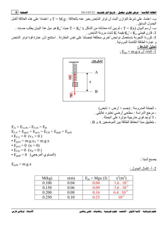 --:22/03/2013:8
––:، ،.:
‫ب‬-‫ا‬ ‫أن‬ ‫أ‬ ‫ازن‬ ‫ا‬ ‫ط‬ ‫ﺵ‬ ‫د‬ ‫ا‬:T = M.g‫أآ‬ ‫ا‬ ‫ه‬ ‫دا‬ ‫ا‬ ‫و‬
‫ا‬ ‫ول‬ ‫ا‬.
‫ب‬-‫ن‬ ‫ا‬ ‫أرﺱ‬T = f(x)،‫ا‬ ‫د‬ ‫أ‬T = Ke' xKe'‫ن‬ ‫ا‬ ‫ا‬ ‫ه‬ ‫ه‬.
3-‫رن‬Ke،Ka'K‫ا‬ ‫و‬.
5-‫ر‬ ‫ا‬ ‫ى‬ ‫أﺥ‬ ‫ا‬ ‫ل‬ ‫ﺱ‬ ‫ا‬ ‫ر‬ ‫آ‬.‫ا‬ ‫ة‬ ‫رة‬ ‫إذن‬ ‫اﺱ‬
‫و‬ ‫ا‬ ‫ا‬ ‫ا‬ ‫رة‬ ‫و‬.
‫ط‬ ‫ا‬:
1-‫إ‬‫أن‬ ‫ت‬x.g.m=peE:
-‫روﺱ‬ ‫ا‬ ‫ا‬) :+‫أرض‬+(
-‫راﺱ‬ ‫ا‬:‫أرﺽ‬ ‫ﺱ‬.
-‫ا‬ ‫ة‬ ‫ر‬ ‫ﺥ‬ ‫ى‬.
-‫ﺽ‬ ‫ا‬ ‫ا‬ ‫ظ‬ ‫ا‬ ‫أ‬A‫و‬B:
EA + E - E = EB
ECA + EppA + EpeA = ECB + EppB + EpeB
▪ ECA = 0 (vA = 0 )
▪ EppA = m.g.zA = m.g.x
▪ EpeA = 0 (x = 0)
▪ ECB = 0 (vB = 0 )
▪ EppB = 0 ( ‫ا‬ ‫ي‬ ‫ا‬)
:
EpeB = m.g.x
2-‫أ‬-‫ول‬ ‫ا‬ ‫ل‬ ‫إآ‬:
x2
(m2
)Epe = Mgx (J)x(m)M(kg)
1.6 . 10-3
0.040.040.100
3.6 . 10-3
0.090.060.150
6.4 . 10-3
0.160.080.200
10-2
0.250.100.250
‫ا‬-10:
A
B
P
T
x
 