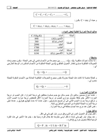 --:22/03/2013:2
––:، ،.:
C = C1 + C2 + C3 + ……… + Cn
‫أن‬ ‫ﺡ‬ ‫و‬C = mc‫ن‬:
C = m1c1 + m2c2 + m3c3 + ....... + mncn
●‫ار‬ ‫ا‬ ‫ا‬‫ا‬‫اد‬ ‫ا‬:
‫ا‬‫دة‬ ‫ا‬C J/(kg.K)
‫م‬ ‫ا‬)Al(890
‫س‬ ‫ا‬)Cu(380
‫ا‬2090
‫ا‬
‫ا‬1700
‫ا‬‫ء‬ ‫ا‬4185
‫ز‬ ‫ا‬‫ا‬‫آ‬)O2(0.94
‫ﺡ‬ ‫ﻡ‬:
-‫ت‬ ‫ﺡ‬ ‫إذا‬Q1،Q2،........‫ه‬ ‫ع‬ ‫ن‬ ، ‫ا‬ ‫ﻥ‬ ‫إ‬ ‫م‬ ‫ﺝ‬ ‫ا‬ ‫ﺏ‬
‫ي‬ ‫ا‬ ‫ا‬ ‫ار‬ ‫وي‬ ‫ا‬ ‫ت‬ ‫ا‬Q‫رﺝ‬ ‫ا‬ ‫ﺱ‬ ‫ا‬ ‫و‬ ‫رة‬ ‫آ‬ ‫ا‬ ‫م‬ ‫ﺝ‬ ‫ا‬ ‫ﻥ‬ ‫ا‬ ‫ا‬ ‫ﺏ‬
‫أي‬:
Q1 + Q2 + ………………= Q
‫ن‬ ‫و‬ ‫ا‬ ‫ه‬ ‫ﻥ‬ ‫آ‬ ‫إذا‬ ‫ﺹ‬ ‫آ‬ ‫و‬‫ﻥ‬ ‫ا‬ ‫م‬ ‫ﺝ‬ ‫ا‬ ‫ﺏ‬ ‫د‬ ‫ا‬ ‫ا‬ ‫ت‬ ‫ا‬ ‫ع‬
‫أي‬ ‫وم‬:
Q1 + Q2 + …………………= 0
●‫اري‬ ‫ا‬ ‫ازن‬ ‫ا‬:
-‫ﺱ‬ ‫ﺝ‬ ‫ج‬ ‫ﻥ‬)‫ﺹ‬ ‫ﺝ‬ ‫ﺱ‬ ‫ﺝ‬ ‫أو‬(‫ا‬ ‫ن‬ ، ‫ارة‬ ‫ا‬ ‫درﺝ‬‫درﺝ‬ ‫ذو‬
‫ول‬ ‫ا‬ ‫ا‬ ‫ارة‬ ‫ﺡ‬ ‫درﺝ‬ ‫ا‬ ‫ارة‬ ‫ا‬ ‫درﺝ‬ ‫ذو‬ ‫اري‬ ‫ﺡ‬ ‫ﺏ‬ ‫م‬ ‫آ‬ ‫ا‬ ‫ارة‬ ‫ا‬
‫ث‬ ‫ﺡ‬ ‫أﻥ‬ ‫ل‬ ‫ﻥ‬ ، ‫و‬ ‫أن‬ ‫إ‬ ‫ﻥ‬ ‫ا‬ ‫ا‬ ‫ارة‬ ‫ﺡ‬ ‫درﺝ‬ ‫و‬‫اري‬ ‫ﺡ‬ ‫ازن‬‫ه‬ ‫و‬
‫ا‬ ‫ﻥ‬ ‫ا‬ ‫ا‬ ‫ارة‬ ‫ا‬ ‫درﺝ‬‫ﺏ‬ ‫ر‬ ‫آ‬ ‫ا‬.
-‫ارة‬ ‫ا‬ ‫درﺝ‬ ‫م‬ ‫أﺝ‬ ‫ة‬ ‫ج‬ ‫ل‬ ‫ا‬ ‫ﻥ‬.
●‫ل‬:
-‫ﻥ‬ ‫ﺏ‬ ‫آ‬ ‫ر‬ ‫ور‬ ‫ي‬ ‫ا‬ ‫راي‬ ‫ا‬ ‫ا‬ ‫ه‬ ‫ل‬ ‫ﺝ‬.
-‫ﺵ‬ ‫ﺏ‬ ‫آ‬ ‫ر‬ ‫ز‬I‫و‬ ‫أو‬ ‫ﻥ‬R‫ز‬ ‫ة‬ ‫ل‬∆t‫ا‬ ‫ه‬ ‫ا‬ ‫ا‬ ‫ه‬ ‫م‬ ،‫ة‬
‫اري‬ ‫ﺡ‬ ‫ﺏ‬ ‫ا‬Q‫ر‬:
Q = P . t = U I t = R I2
t
 