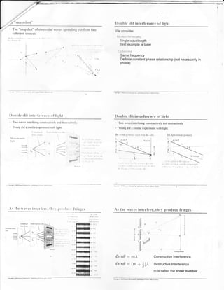 ittlcrl'crcrtr:c ol' lighl
         "     The "snapshot" of sinusoidai war,es spreading out from two
                                                                                                                                                                 We consider
               coherent sources.
       (i)],,.,J'                                   ..,i      I I         rl'i
                                                                                                                                                                     l:ll11rlr:       !1 r rr111    1;iq'
                                                                                                                                                                         Single wavelength
                                                                                                                                                                         Best example is laser

                                                                                                                                                                     (..:olrer       eitl
                                    .?' ,,)
                                    '1                                               '
                                          I



                                                                                                                               tr,r.. ,t                                 Same frequency
                         I              -.-..''                                                                                                       ,",,,               Definite constant phase relationship (not necessarily in
                                                                                                                                                 .                        phase)
                                                                                                                                       ",,;,
                                                                                                                                           i{.:i;
                                                                                                                                             ', 
                                                                                                                                         . ,. ,,",i:q,     ^
                                                                                                                                             '       't,




       i .Trrsr , rnr rr,n"i        I   hn!.                     k*-;*;
                                                  ^ "**""r.




         l)ou hlc slit iltIcrf'cr'*-.ncr nf' IiIh1                                                                                                               l)oublc slif                    i rr   lcrl'crurcc ol' liglrt
          "     Trvo rvaves interfering constructively and destructively,                                                                                        '    Two waves interfering constructively and destructively
          .     Young did a sinrilar experinrent 'ith light                                                                                                    .    Young did a sinrilar experiment with light.
                                                     ( tlrnilrir:rl                      lJ,rrl: lrorrr    ri,,.lil
                                                     r,i. lrirnl.                                         i                                                     (b) ;ctLNl $r.ort'tn, {c(                 0   lrln}   thr. .i(|f;)            (c) Af If,iitnirlc gc(nnctry
            {rnn  lllrnrirl i(
                                                           if                                                           i,1{&**;
                                                                                                                                                                                                                                                 'I       i/ rirr d
            lir:h(
                                                                                            -                    -/     t   .l
                                                                                                                                   I




                                                                                                                             !'i
                                                                                                      =
                                                                                                      - 
                                                                                                                                                                                                                                    T
                                                                                                                                                                                                                                    *

                                                                                                                        -*r


       i orrnrhr 1 l0,r ltrF4   t   Jtrrrih tk. rlFlthrr n       t,cr^(    i !t.r!i         $r,                                                               (nfn9hrl]i)ili.i^onrh'!niitn..ntr6tnhii!ntciAoi              JdL6.brc




          s the ll'tr1cs inlcrlcrr:"                                                        trtrlur        1lr   rrrlut'r. li.ing.es                           As thc 1'aves intcrl'crr, tlrcl' produce li.ingcs
                                                                                                                                                                                                                                                                      4i
                                                                                                                                                                                                                                                                      I


                                                                     .hr.i


lrhr
                                                           '-                    I

                                                                                                                                                                                                        . ni
                                                                                                                                                                                                             H
                                                                                                                                                                                                                                                                      :


                                                                                                                                                                                                                                                                      I




                          '*[-
                                                                                                                                                                                                                                                                      I




                        ,4
                                                                                                                                                                                                                                                                      I
                *i
.=l                     "0t1                              ,i.
                                                                                                                                                                                                        ,,
                                                                                                                                                                                                             fi.,...-i:                                        -ol    I


                                                                                                                                                                                                                                                                      l

                                                                                                                                                                                                        -,H                                                           I

                                                                                                                                                                                                                                                                      :

                                                                                                                                                                                                                                                                      I

                                                                                                                                                                                                                                                                      J
                                                                                                                                                                                                             $                                             ftsins krcn


                                                                                                                                                                 dsi,n0             :      m^                                           Consftuctive Interference

                                                                                                                                                                 dsin7:                     (m          +         l)r                   Destructive nterference
                                                                                                                                                                                                                                                      I




                                                                                                                                                                                                                                        m is called the order number

       'ornshr a 2fir3 Pd^o.   fdnciin tN. roht(i;! r fo6oi,!kr,!D.!_r$
                                                                                                                                                               co'+n,r2mrpsftoi*r,cri-r*.1,nrn'n3-"*.^..ii[iilil
 
