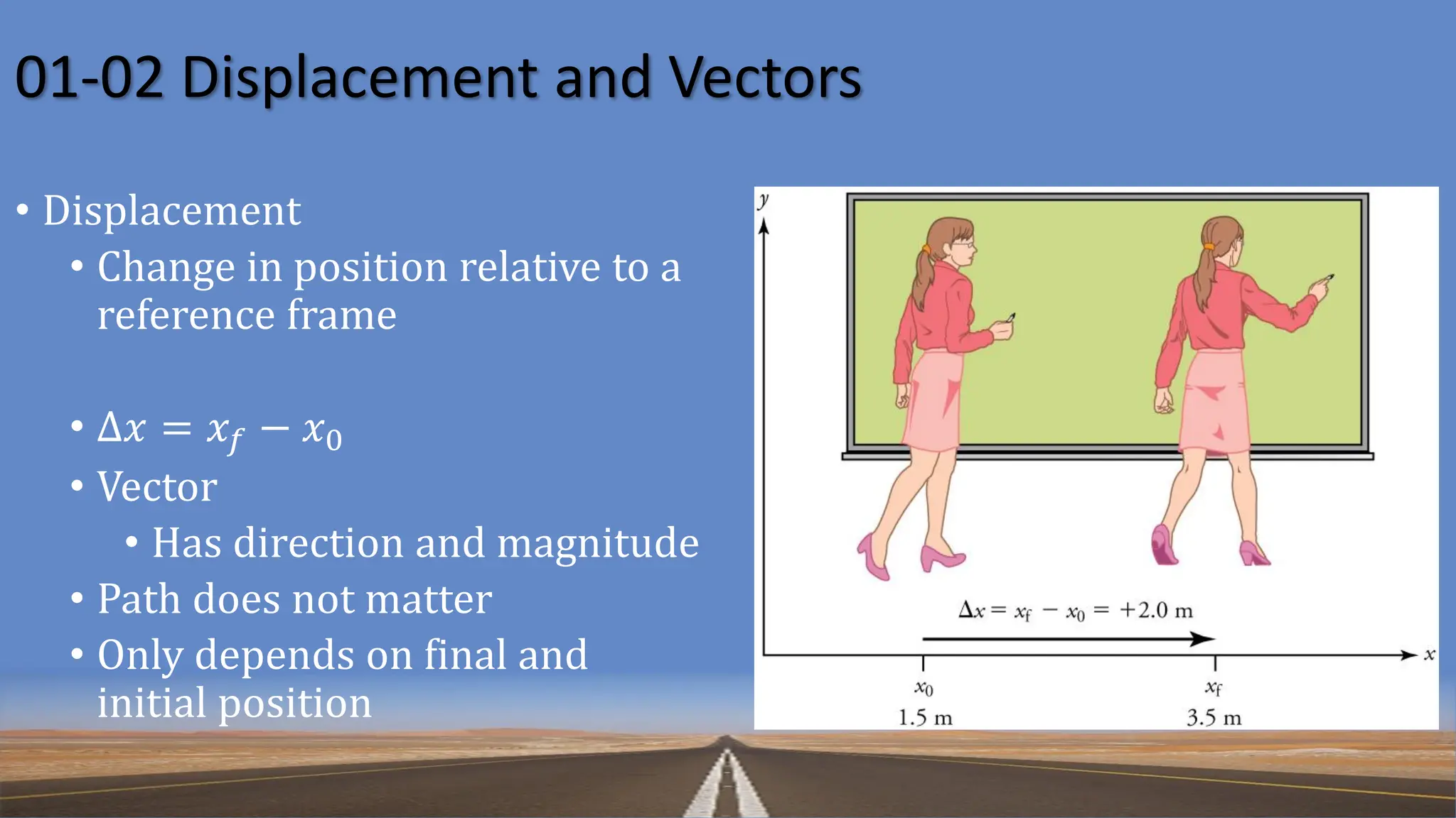 01-02 Displacement and Vectors
• Displacement
• Change in position relative to a
reference frame
• Δ𝑥 = 𝑥𝑓 − 𝑥0
• Vector
• Has direction and magnitude
• Path does not matter
• Only depends on final and
initial position
 