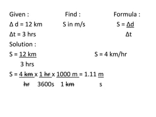 Given : Find : Formula :
Δ d = 12 km S in m/s S = Δd
Δt = 3 hrs Δt
Solution :
S = 12 km S = 4 km/hr
3 hrs
S = 4 km x 1 hr x 1000 m = 1.11 m
hr 3600s 1 km s
 