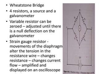 • Wheatstone Bridge
• 4 resistors, a source and a
galvanometer
• Variable resistor can be
zeroed – adjusted until there
is a null deflection on the
galvanometer
• Strain gauge resistor -
movements of the diaphragm
alter the tension in the
resistance wire – changes
resistance – changes current
flow – amplified and
displayed on an oscilloscope
 