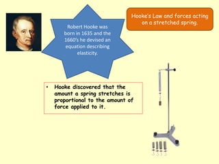 Hooke’s Law and forces acting
on a stretched spring.
Robert Hooke was
born in 1635 and the
1660’s he devised an
equation describing
elasticity.
• Hooke discovered that the
amount a spring stretches is
proportional to the amount of
force applied to it.
 