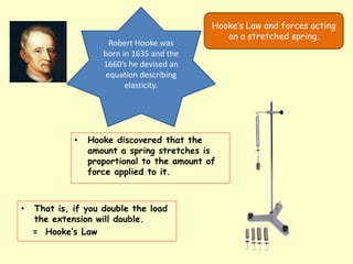 Hooke’s Law and forces acting
on a stretched spring.
Robert Hooke was
born in 1635 and the
1660’s he devised an
equation describing
elasticity.
• Hooke discovered that the
amount a spring stretches is
proportional to the amount of
force applied to it.
• That is, if you double the load
the extension will double.
= Hooke’s Law
 