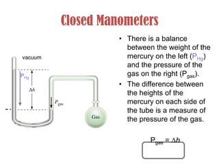 Closed Manometers
• There is a balance
between the weight of the
mercury on the left (PHg)
and the pressure of the
gas on the right (Pgas).
• The difference between
the heights of the
mercury on each side of
the tube is a measure of
the pressure of the gas.
Pgas = h
vacuum
PHg
 