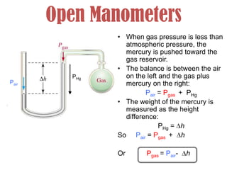 Open Manometers
• When gas pressure is less than
atmospheric pressure, the
mercury is pushed toward the
gas reservoir.
• The balance is between the air
on the left and the gas plus
mercury on the right:
Pair = Pgas + PHg
• The weight of the mercury is
measured as the height
difference:
PHg = h
So Pair = Pgas + h
Or Pgas = Pair- h
PHg
Pair
 