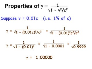 Properties of g = 1
1 – v2/c2
1
1 – (0.01c)2/c2
g =
Suppose v = 0.01c (i.e. 1% of c)
1
1 – (0.01)2c2/c2
=
1
1 – (0.01)2
g =
1
1 – 0.0001
= 1
0.9999
=
g = 1.00005
 