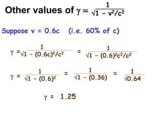 Other values of g =
1
1 – v2/c2
1
1 – (0.6c)2/c2
g =
Suppose v = 0.6c (i.e. 60% of c)
1
1 – (0.6)2c2/c2
=
1
1 – (0.6)2
g =
1
1 – (0.36)
= 1
0.64
=
g = 1.25
 