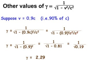 Other values of g =
1
1 – v2/c2
1
1 – (0.9c)2/c2
g =
Suppose v = 0.9c (i.e.90% of c)
1
1 – (0.9)2c2/c2
=
1
1 – (0.9)2
g =
1
1 – 0.81
= 1
0.19
=
g = 2.29
 