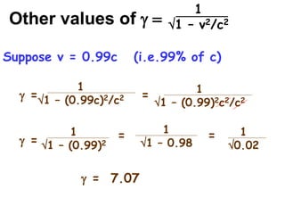 Other values of g =
1
1 – v2/c2
1
1 – (0.99c)2/c2
g =
Suppose v = 0.99c (i.e.99% of c)
1
1 – (0.99)2c2/c2
=
1
1 – (0.99)2
g =
1
1 – 0.98
= 1
0.02
=
g = 7.07
 